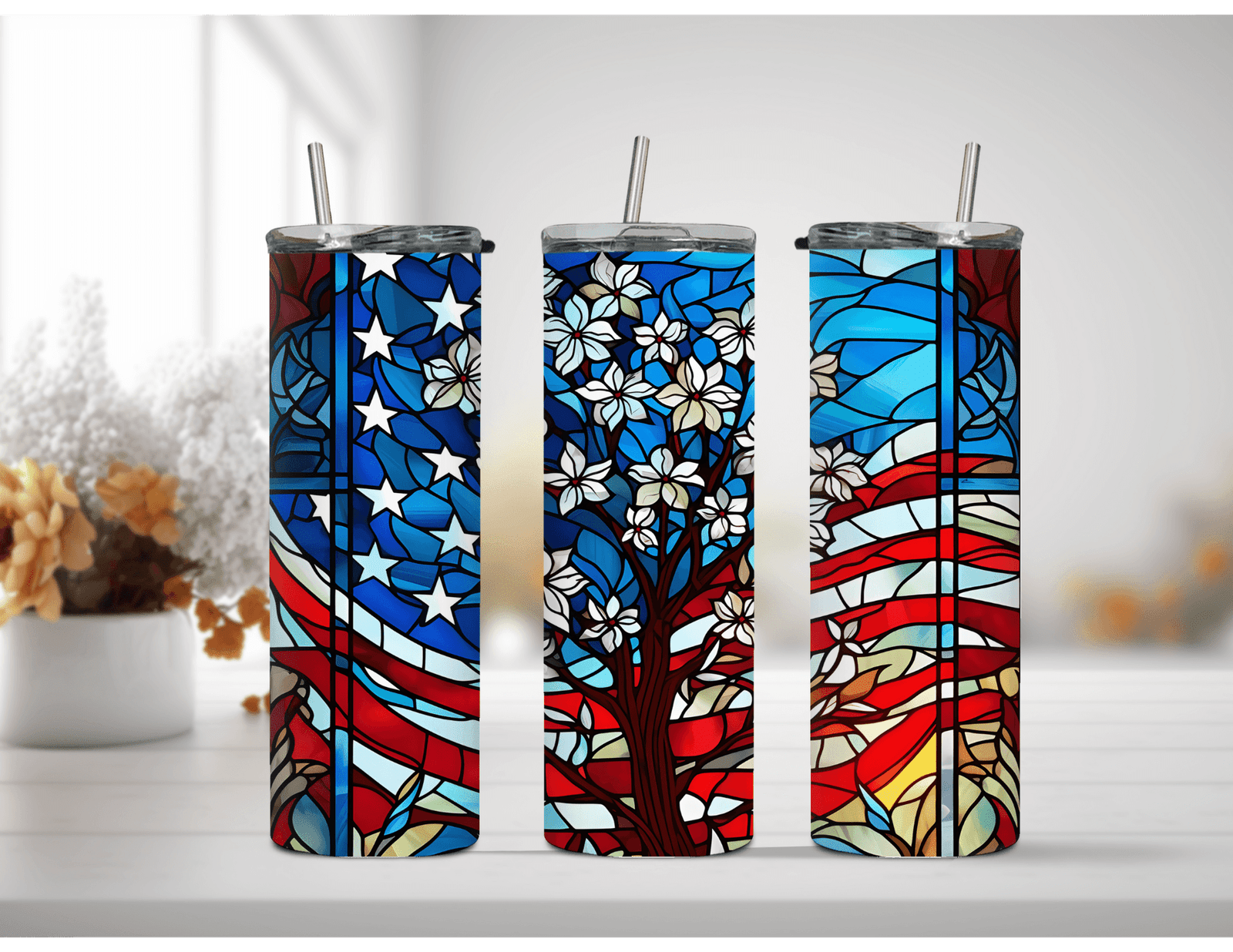 US Flag and Dogwood Tree