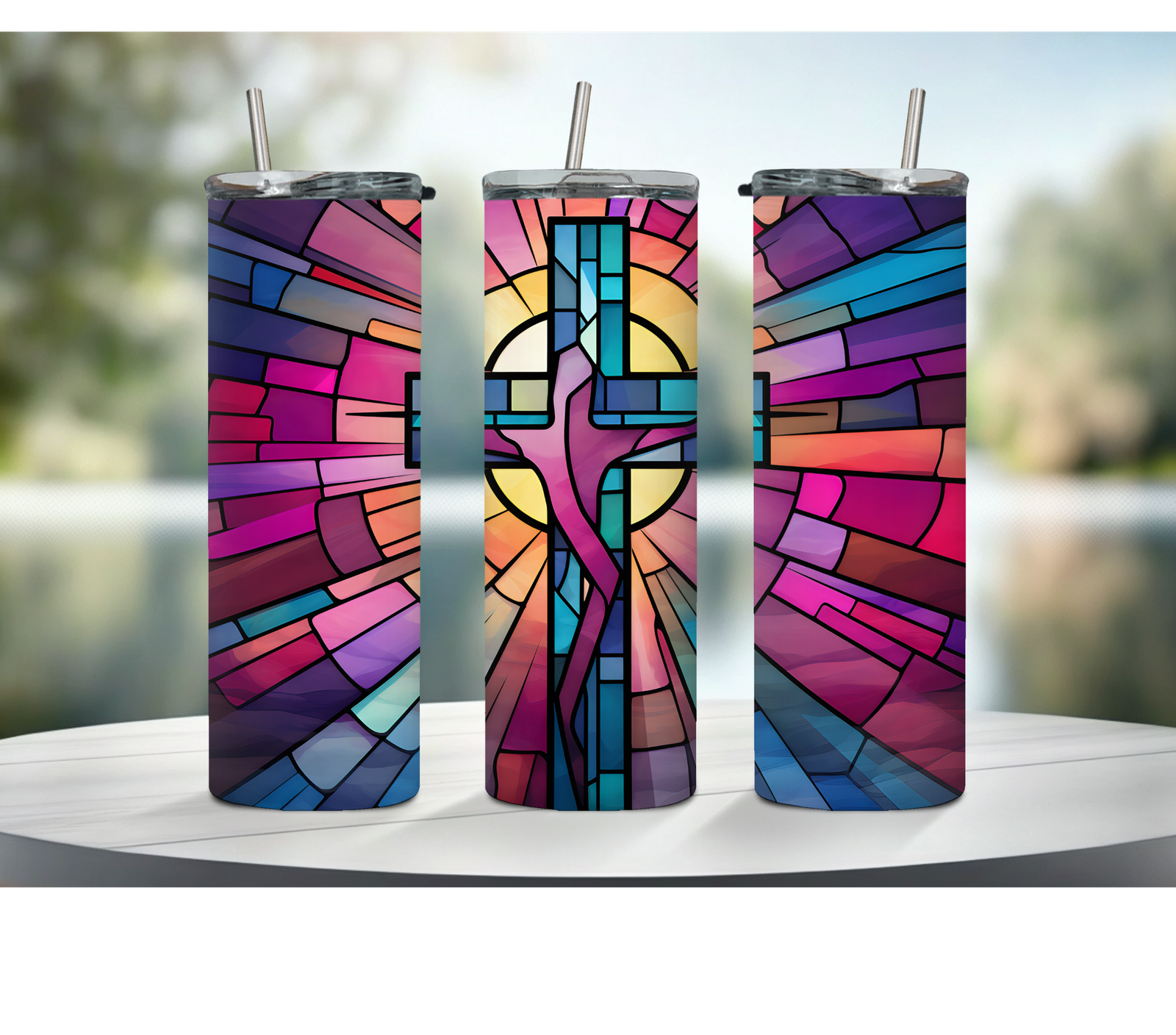 Stained Glass Pink with Blue Cross